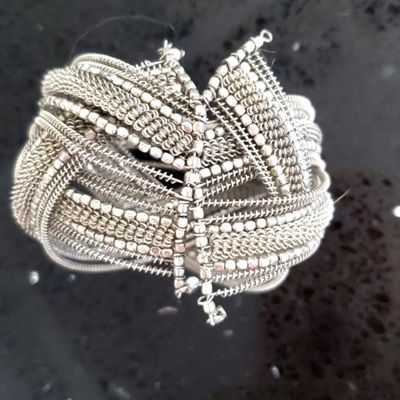 Vintage Silver Metal Memory Wire Braided Beaded Cuff Bracelet - Picture 3 of 5